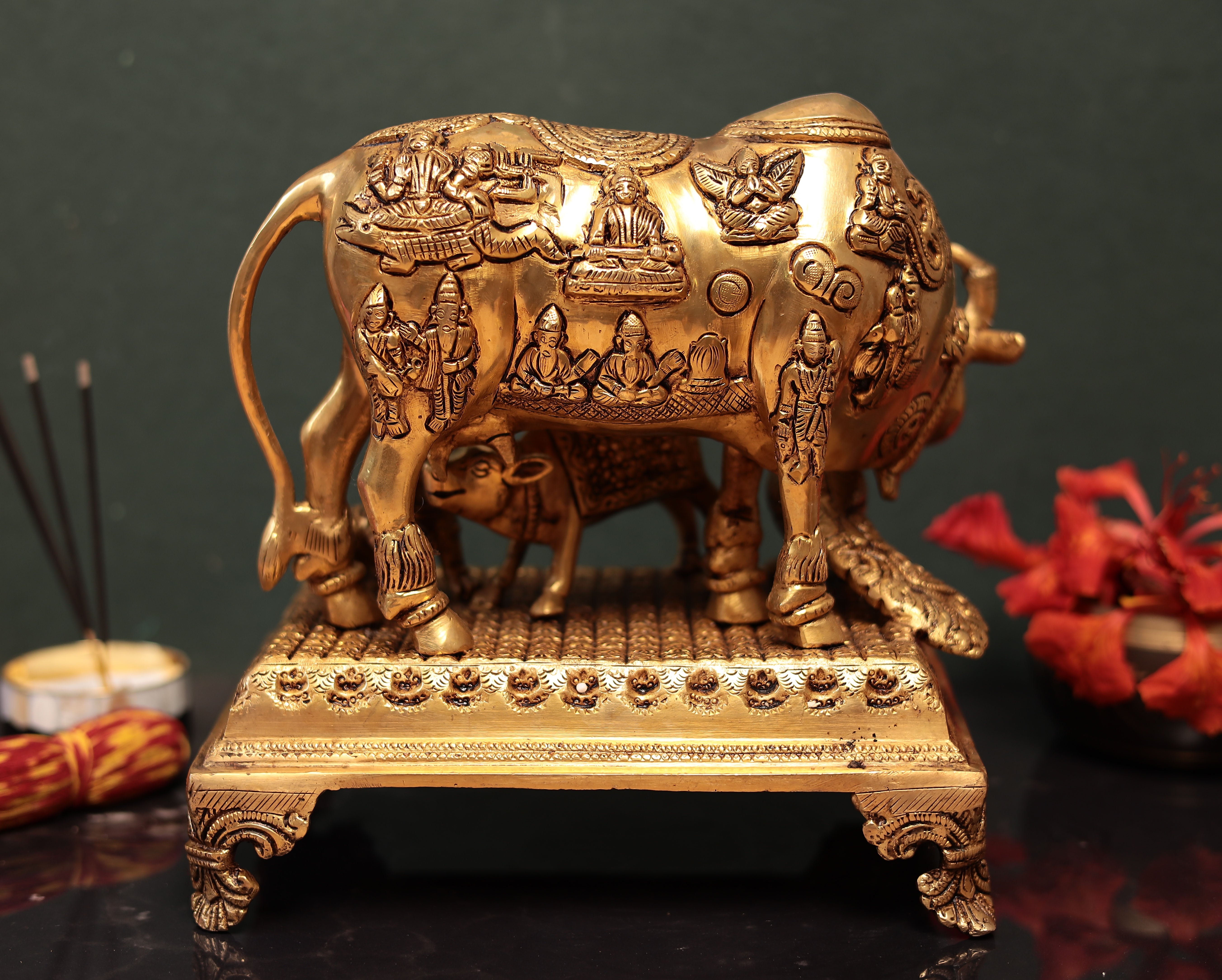 Brass Kamdhenu Cow with Calf, Gopala and Peacock | 10 Inches