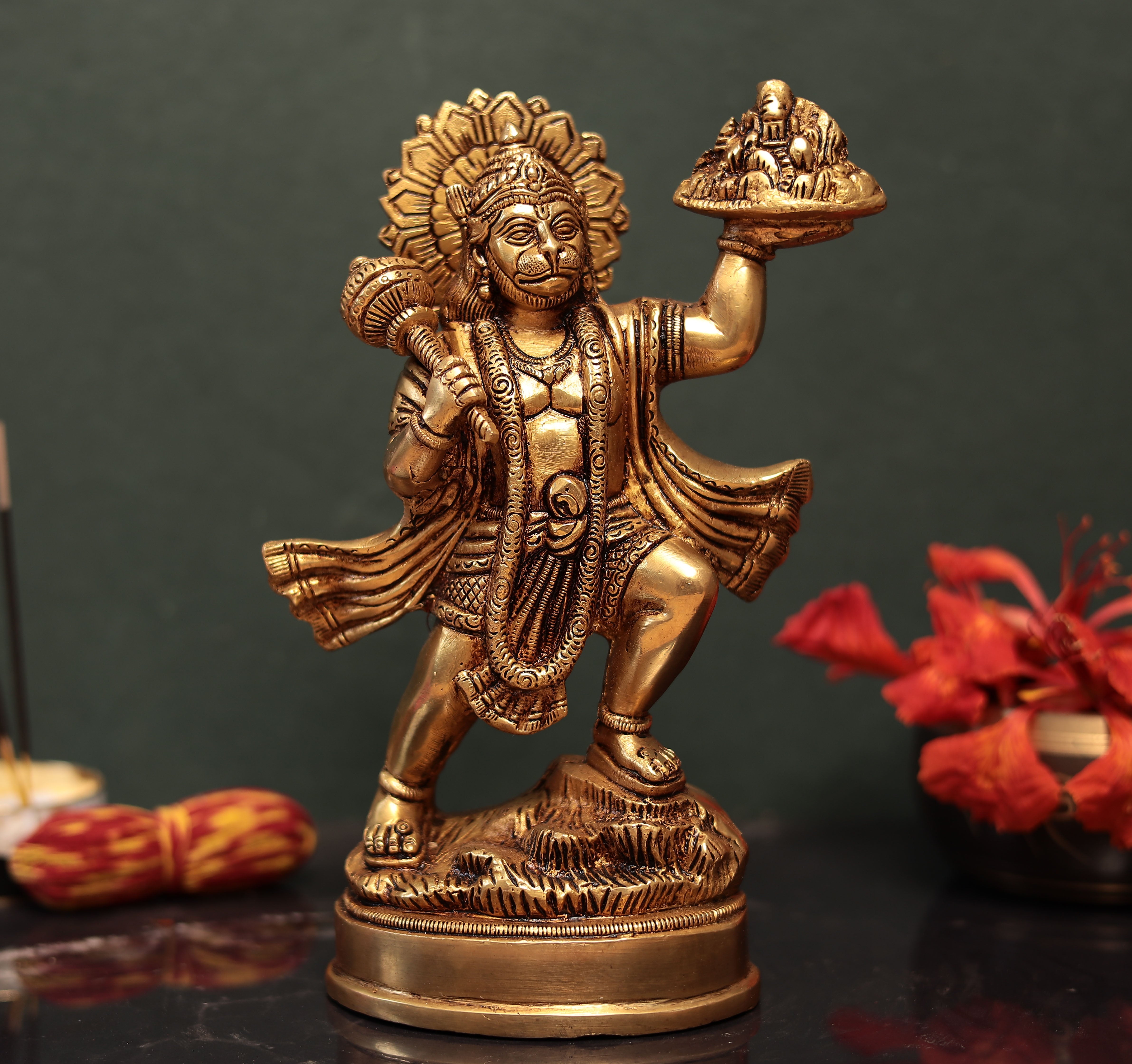 Lord Hanuman Carrying Mountain Of Sanjeevani Herbs Idol In 9.5 Inches | Brass