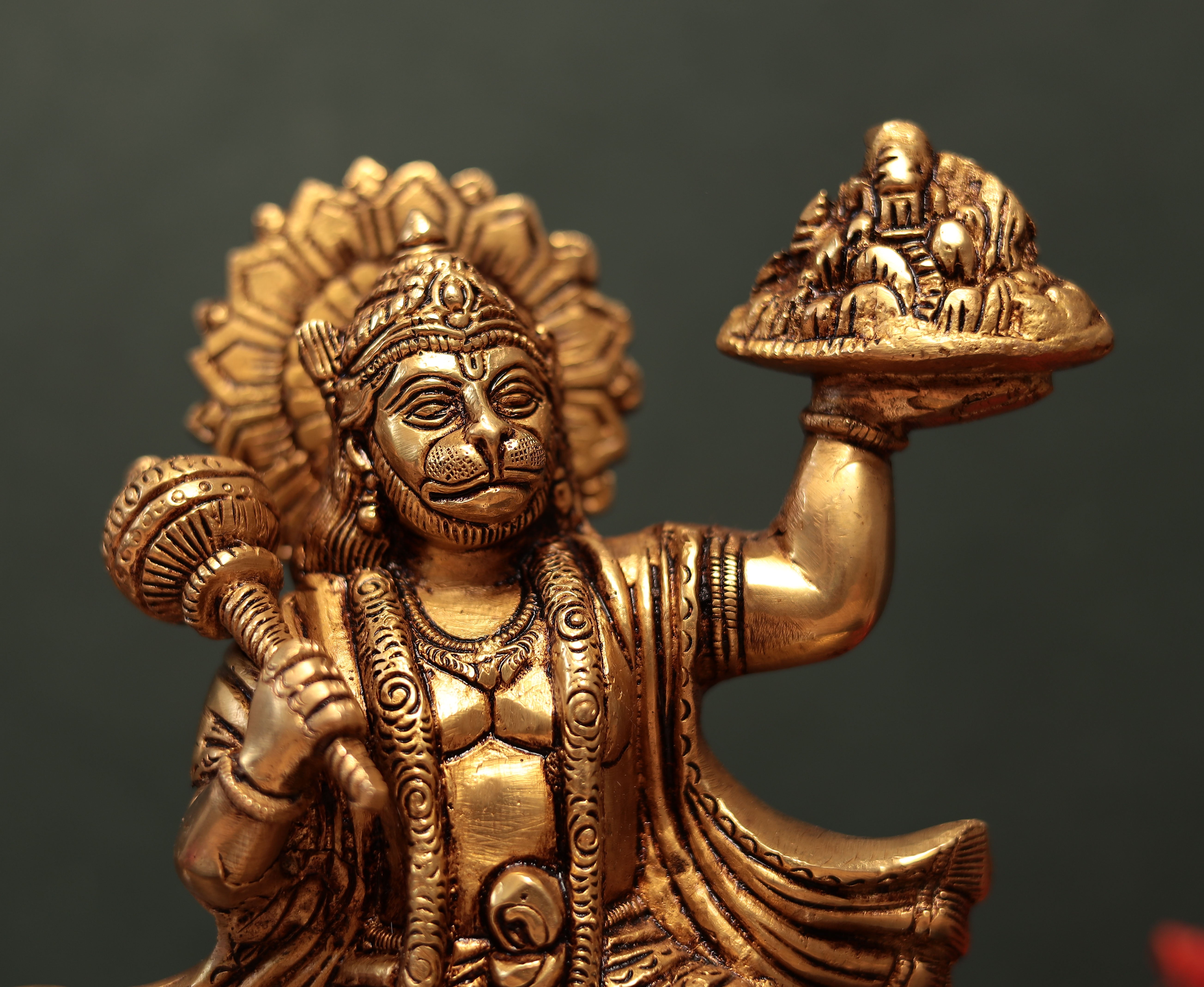 Lord Hanuman Carrying Mountain Of Sanjeevani Herbs Idol In 9.5 Inches | Brass