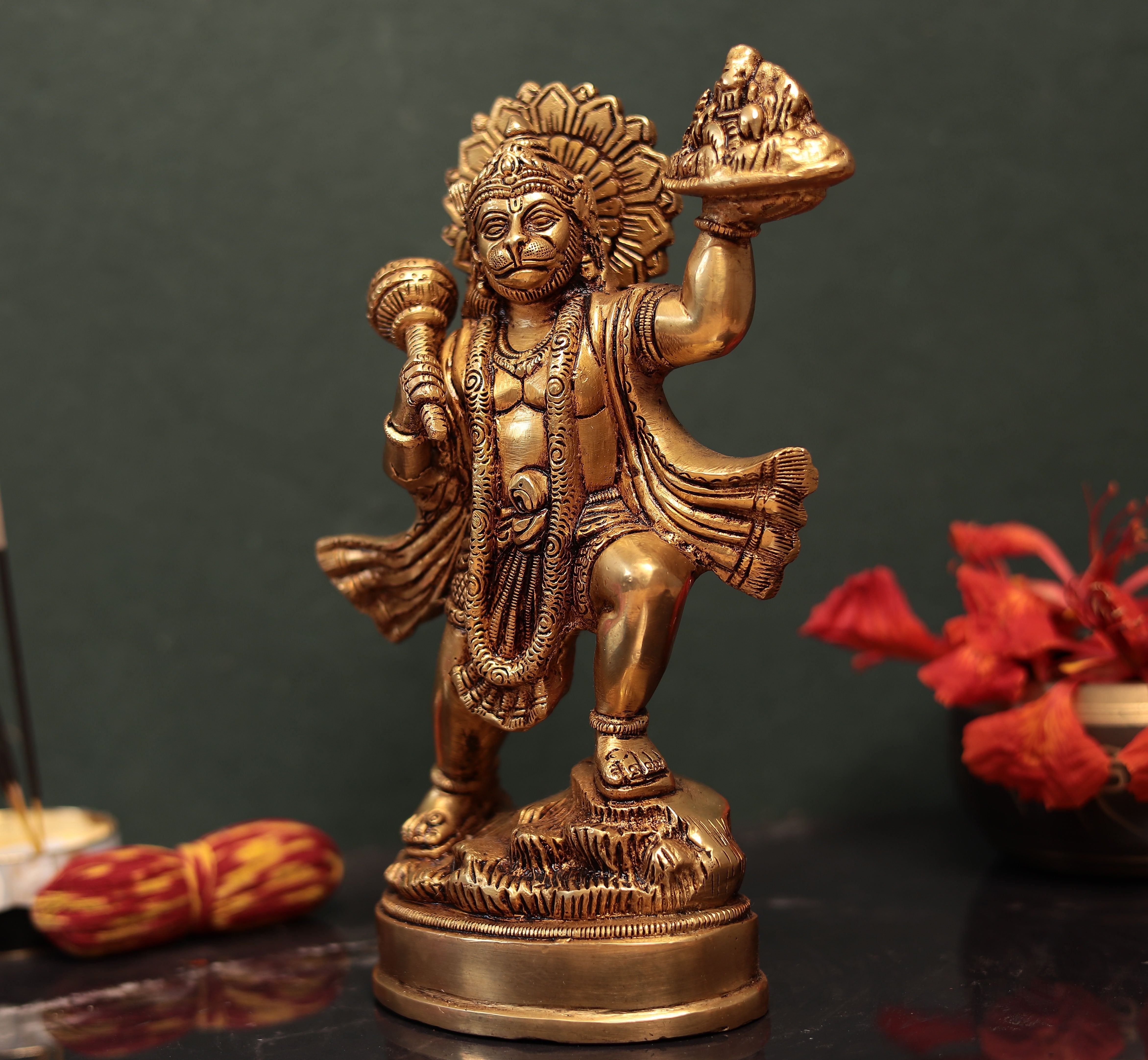 Lord Hanuman Carrying Mountain Of Sanjeevani Herbs Idol In 9.5 Inches | Brass