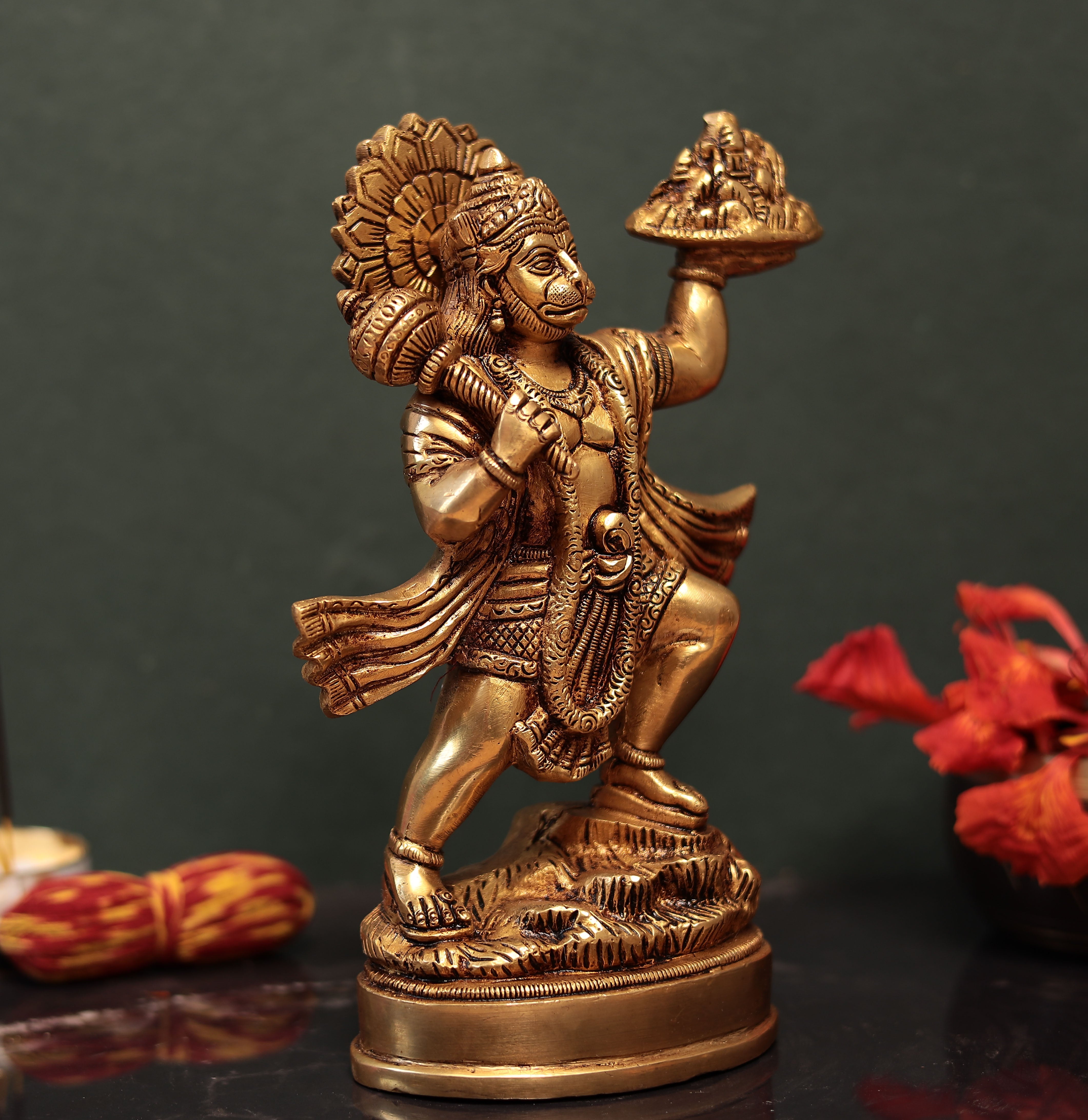 Lord Hanuman Carrying Mountain Of Sanjeevani Herbs Idol In 9.5 Inches | Brass