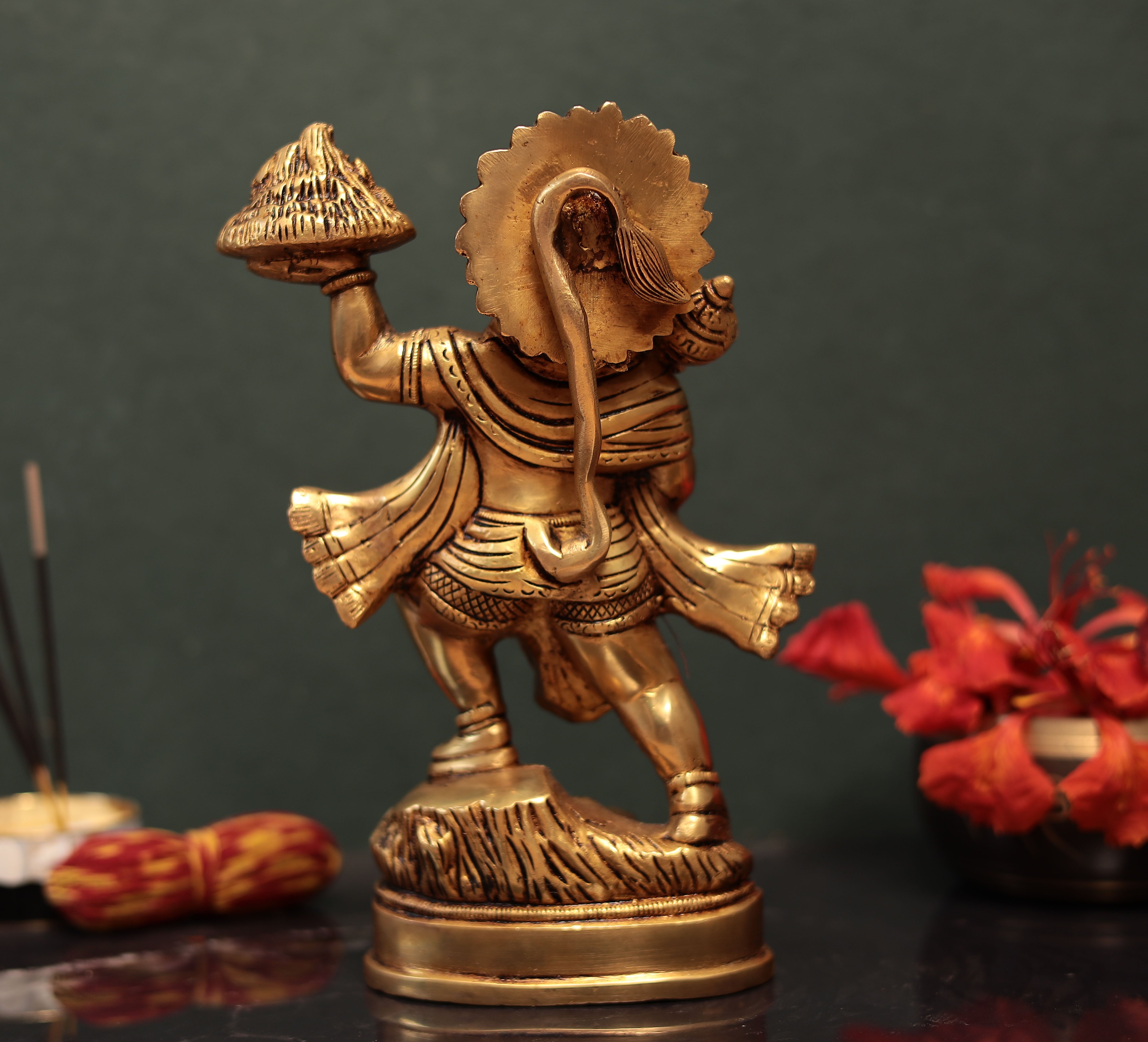 Lord Hanuman Carrying Mountain Of Sanjeevani Herbs Idol In 9.5 Inches | Brass