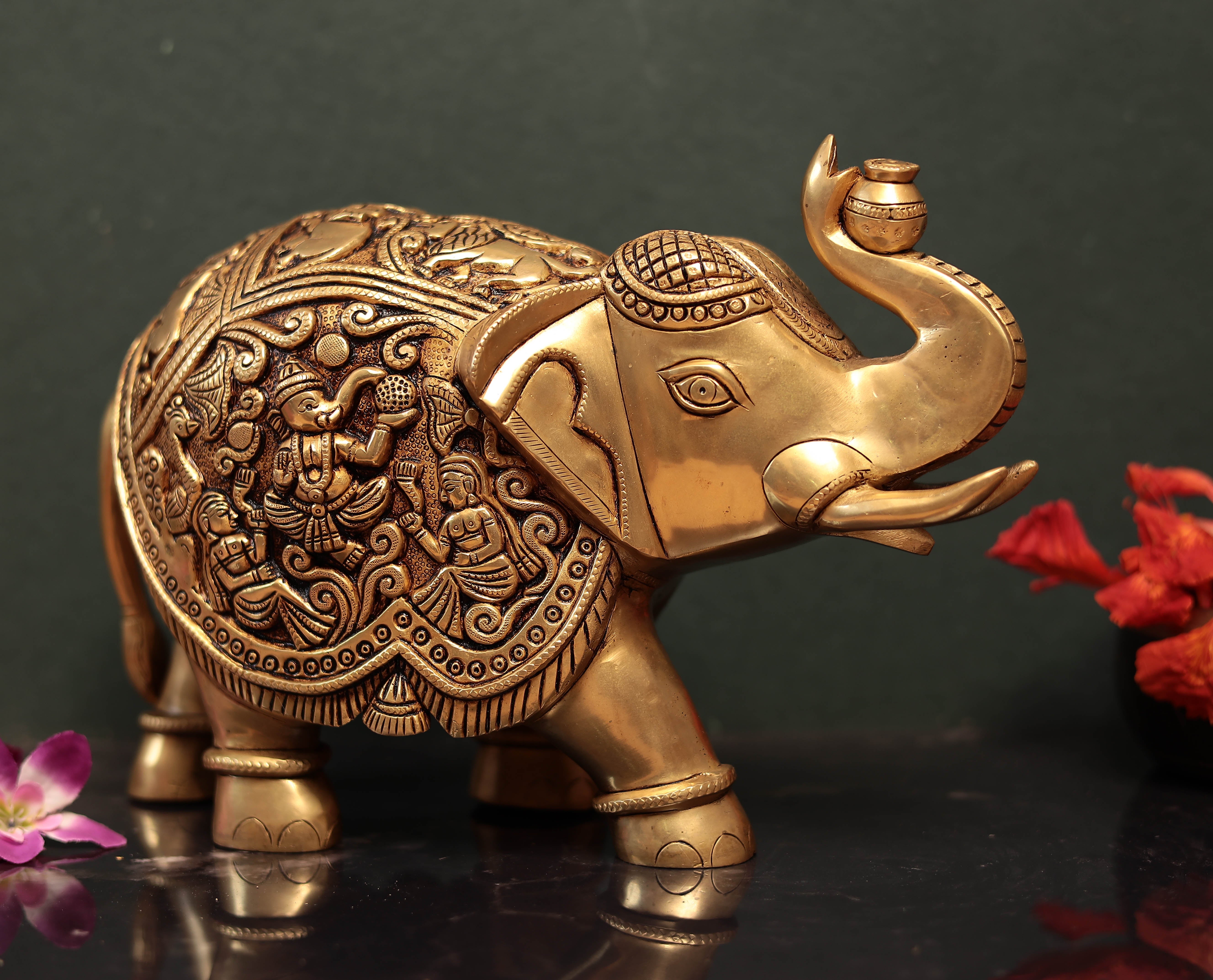 Antique Brass Engraved Elephant/Siddhi Vinayak Elephant/Vastu Hathi For Good Luck in 8"