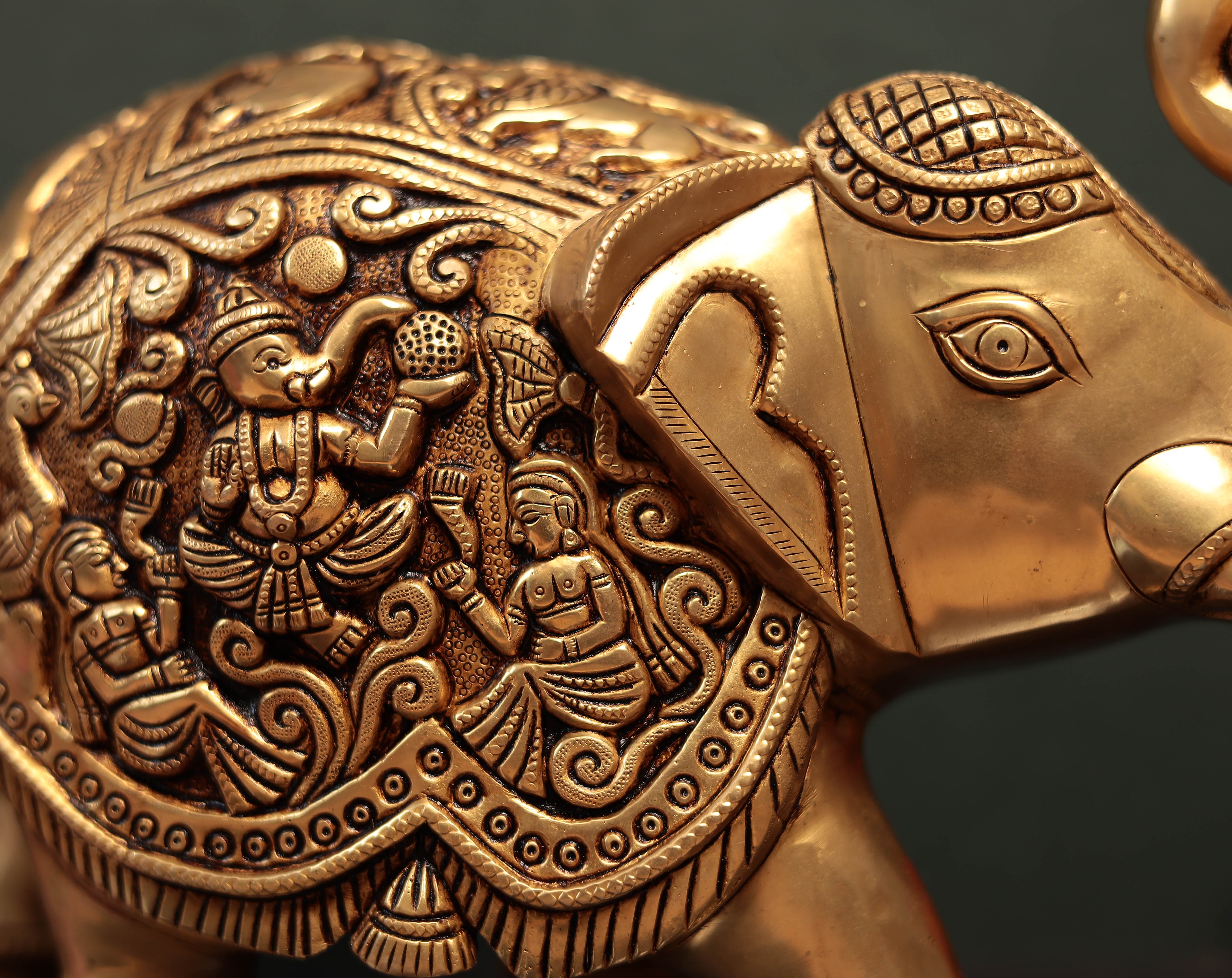 Antique Brass Engraved Elephant/Siddhi Vinayak Elephant/Vastu Hathi For Good Luck in 8"