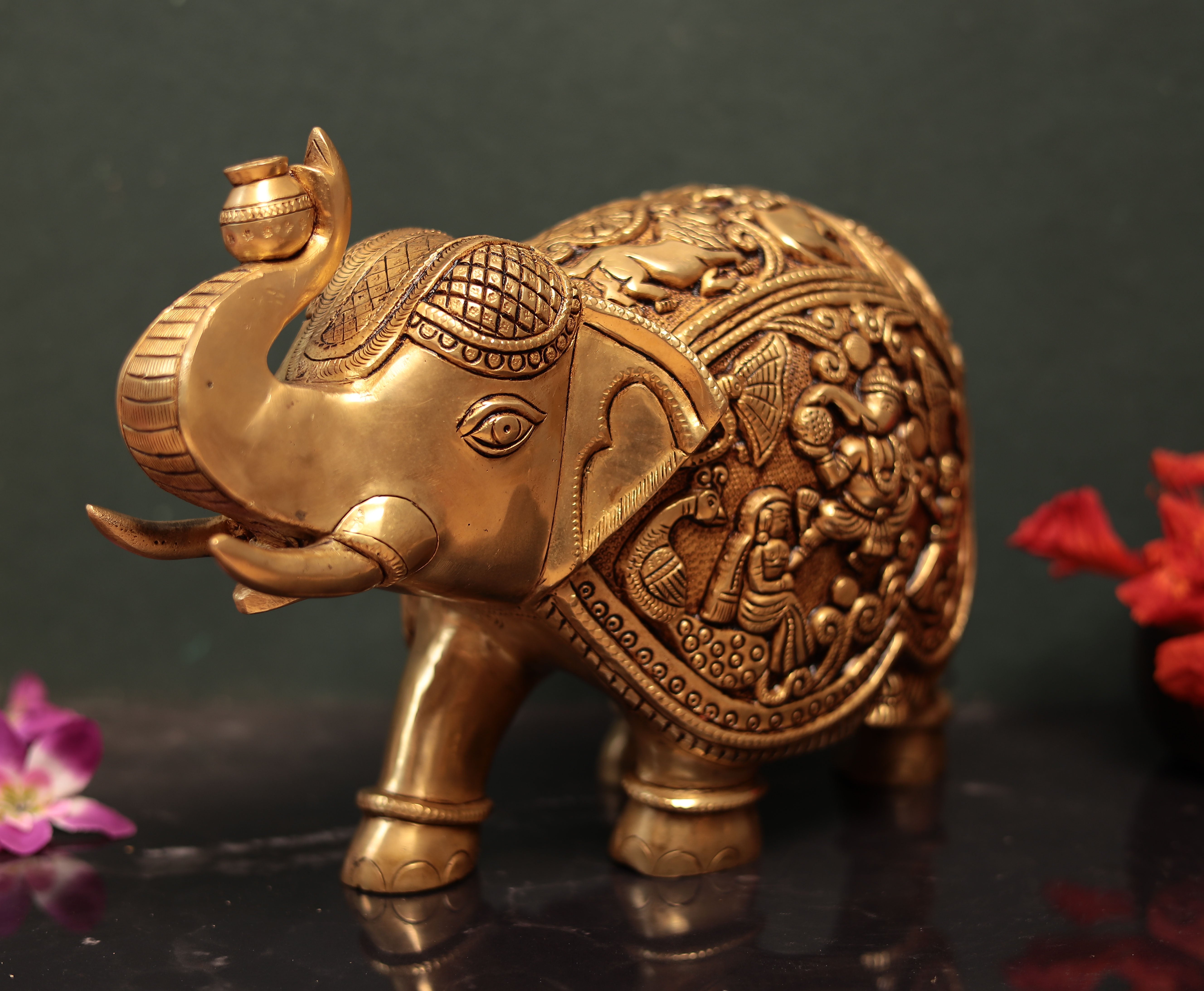 Antique Brass Engraved Elephant/Siddhi Vinayak Elephant/Vastu Hathi For Good Luck in 8"