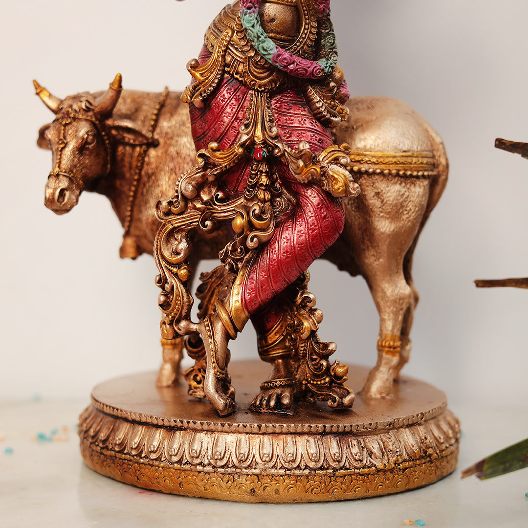 11" Krishna Statue with Cow | Resin (Marble Dust)