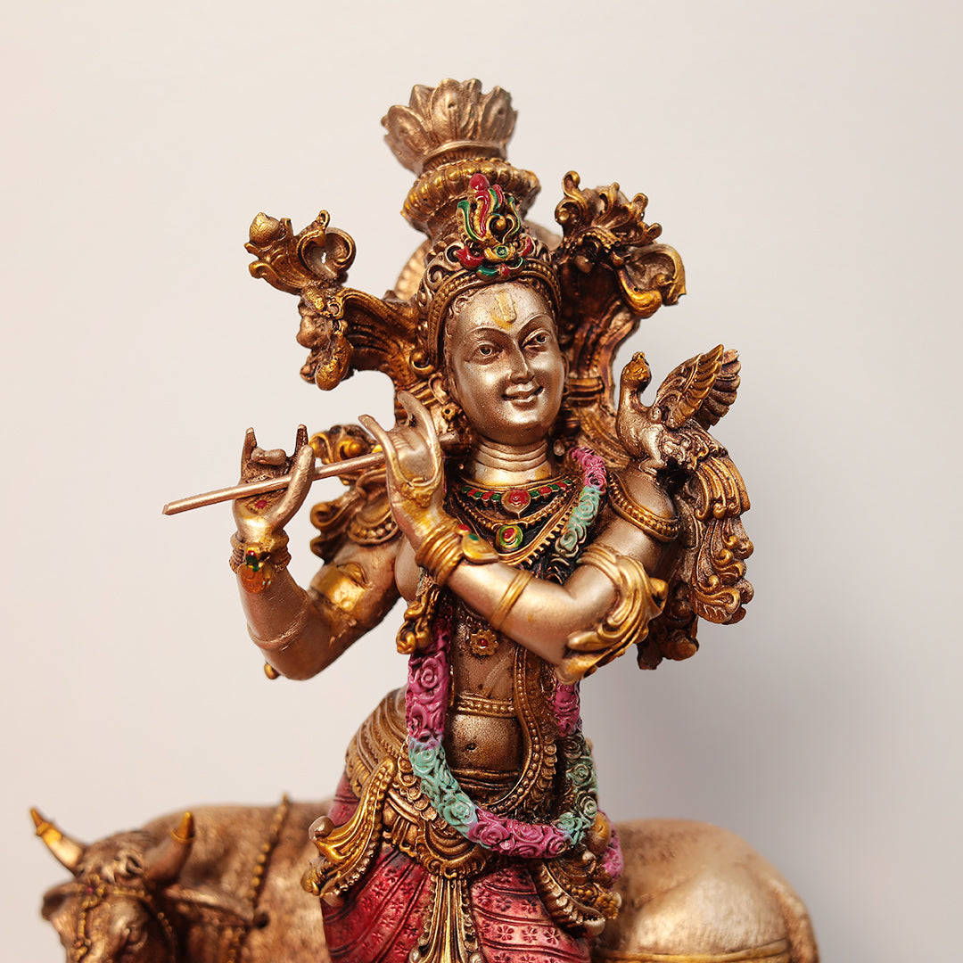 11" Krishna Statue with Cow | Resin (Marble Dust)