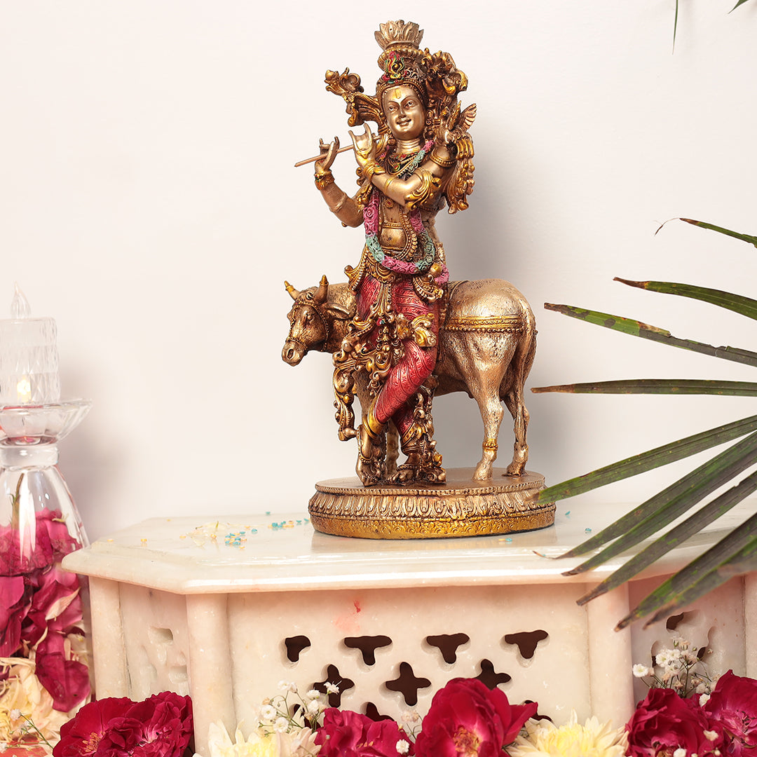 11" Krishna Statue with Cow | Resin (Marble Dust)