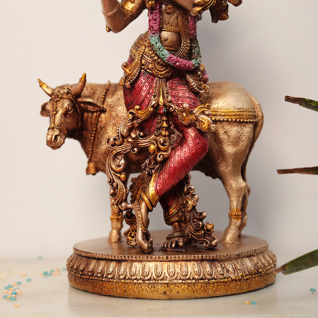 11" Krishna Statue with Cow | Resin (Marble Dust)