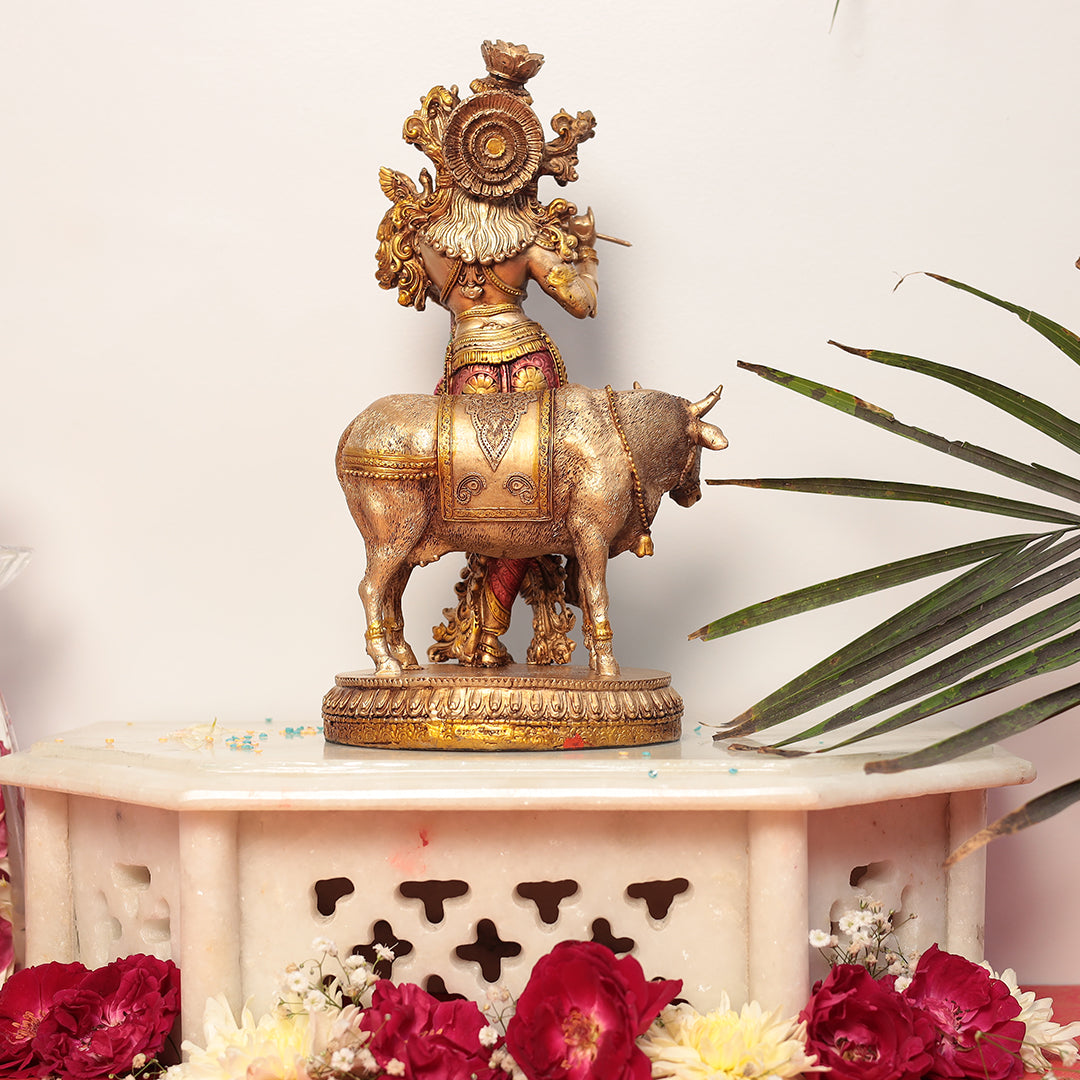 11" Krishna Statue with Cow | Resin (Marble Dust)