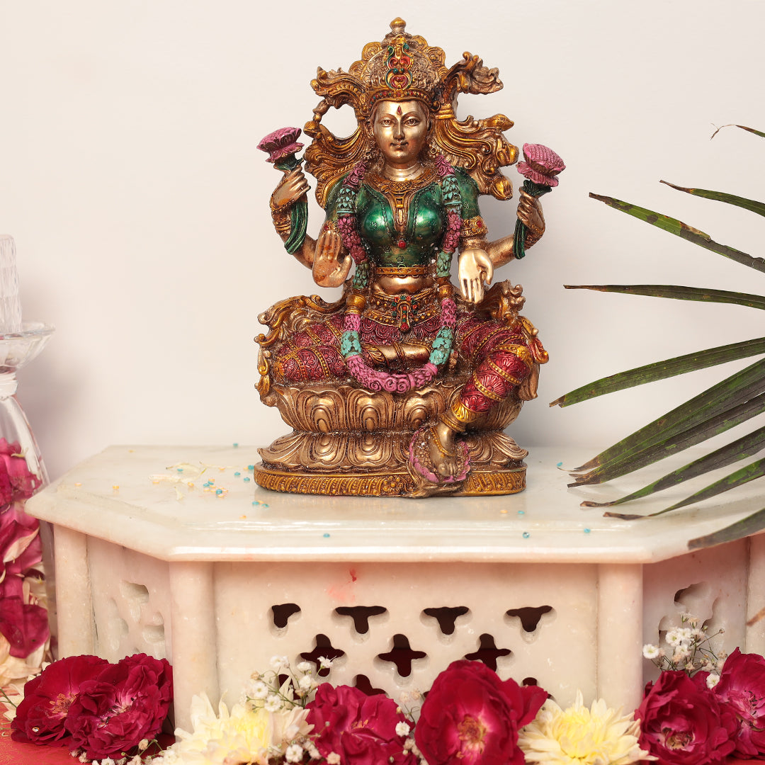 9" Lakshmi Statue in Marble Dust | Antique Finish