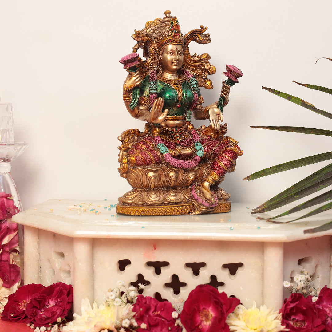 9" Lakshmi Statue in Marble Dust | Antique Finish