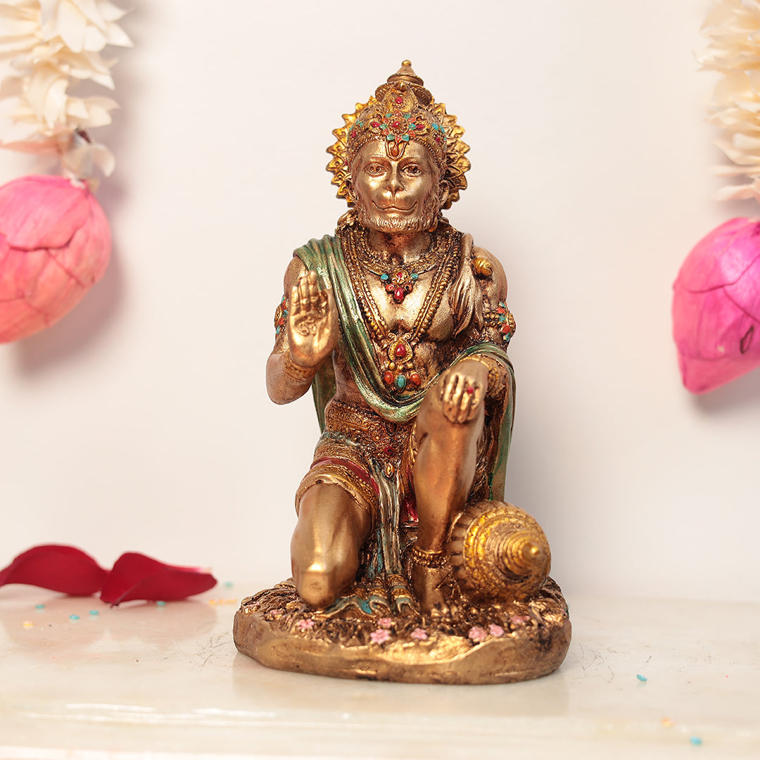 7" Sitting Blessing Hanuman Statue In Antique Finish