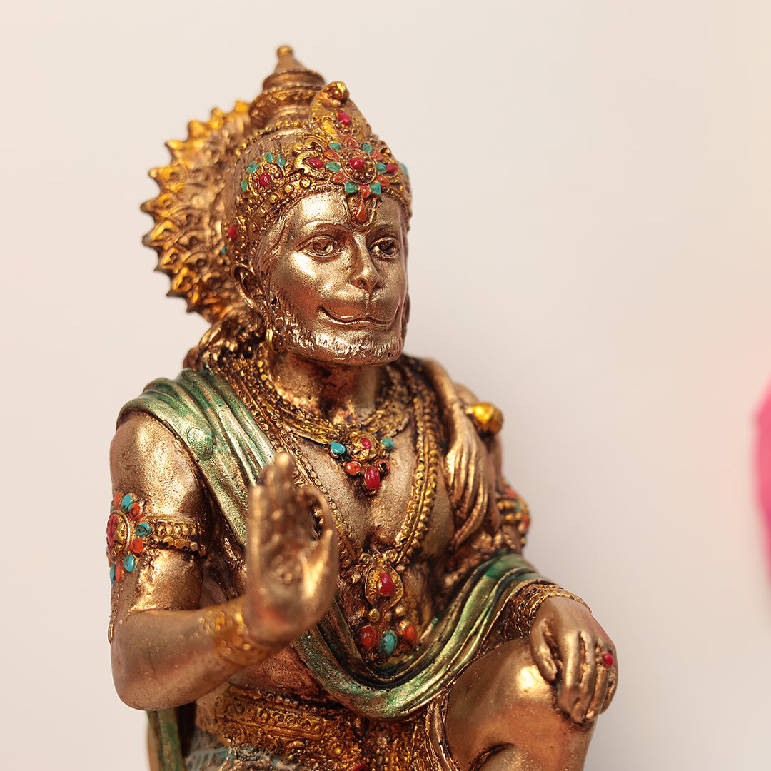 7" Sitting Blessing Hanuman Statue In Antique Finish