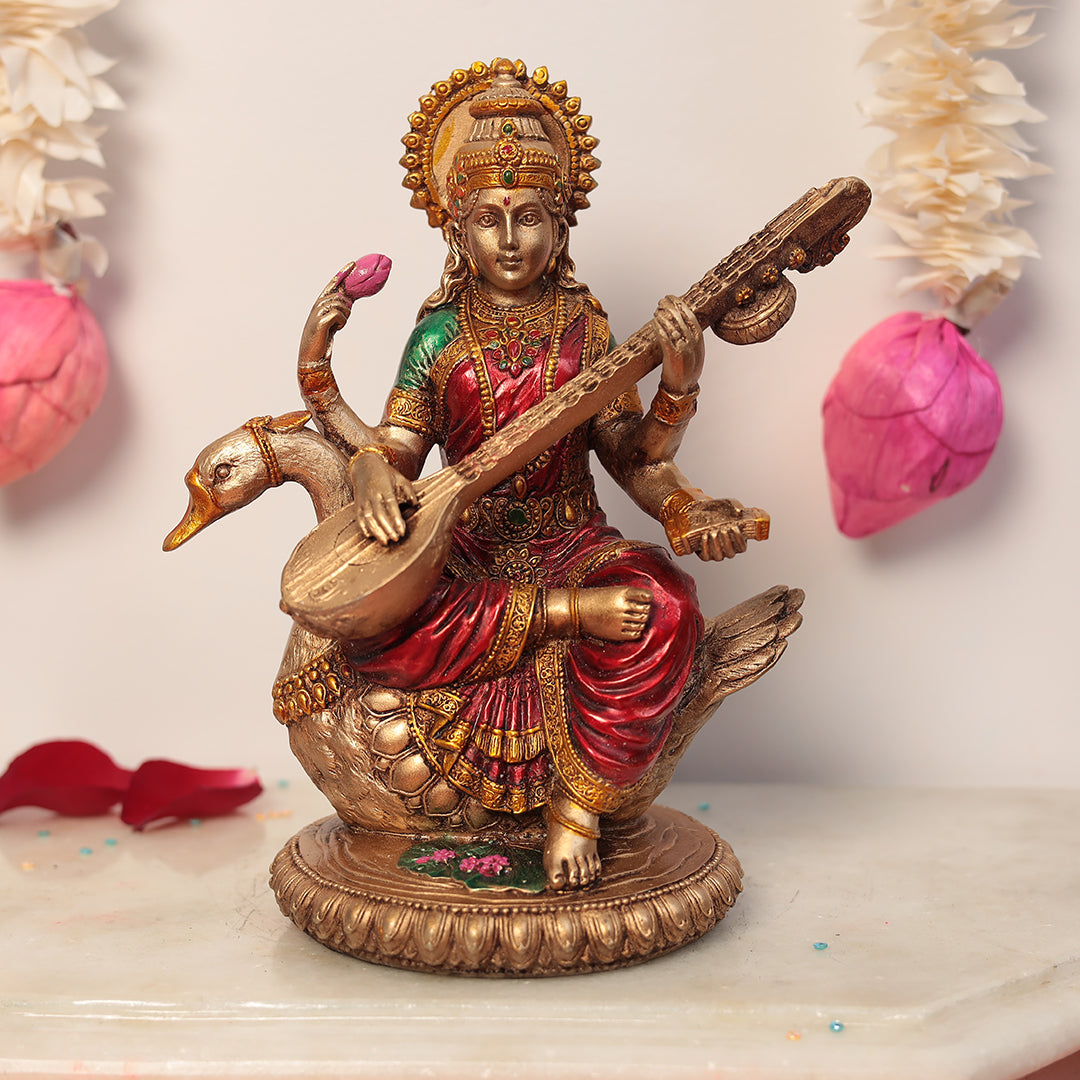 8" Maa Saraswati Idol In Antique Finish