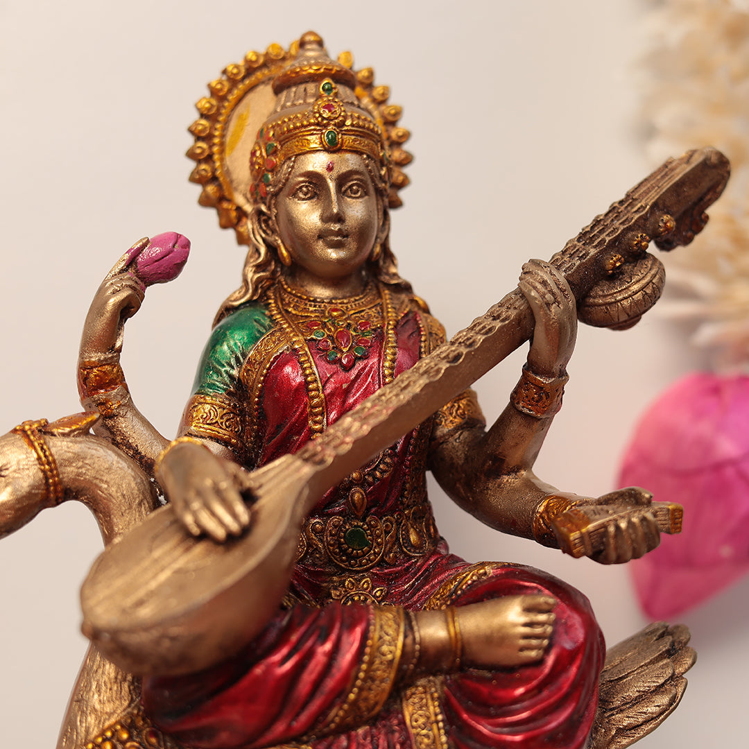 8" Maa Saraswati Idol In Antique Finish