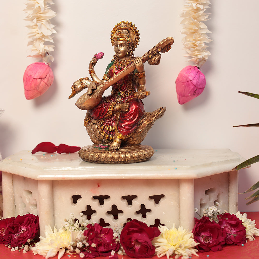 8" Maa Saraswati Idol In Antique Finish