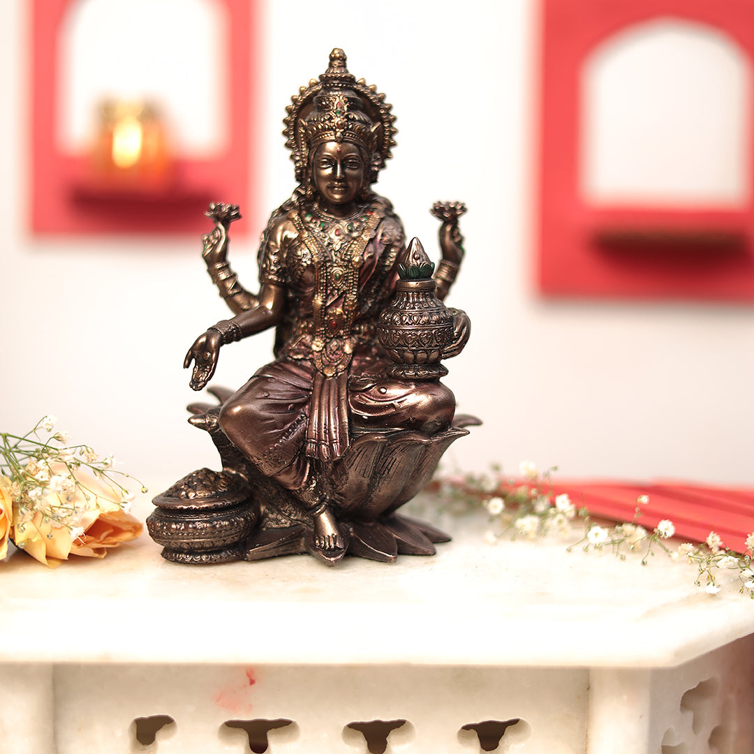 Goddess Shubh Lakshmi in 7 Inches in Copper Finish