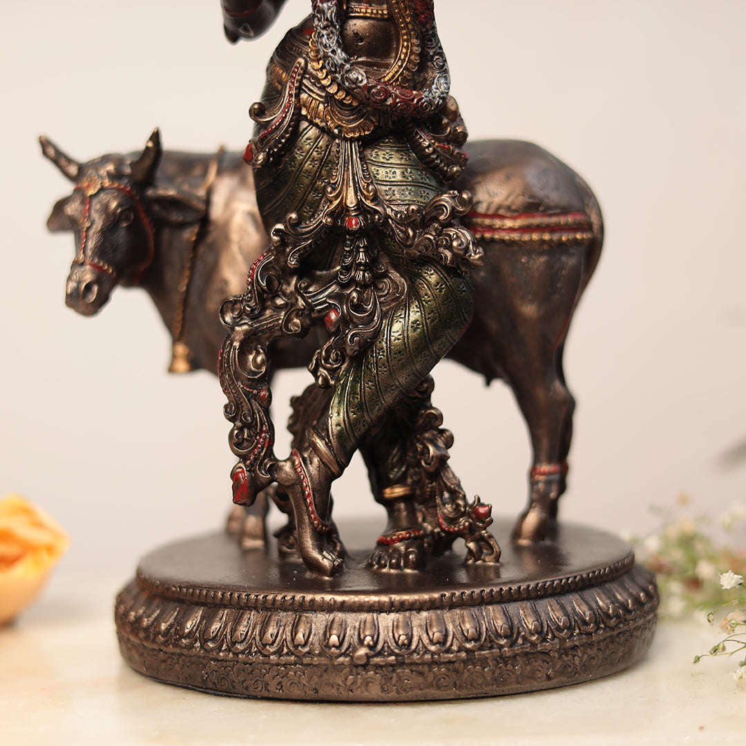 11" Krishna Statue with Cow | Resin (Marble Dust)