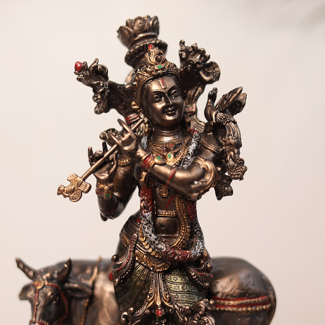 11" Krishna Statue with Cow | Resin (Marble Dust)