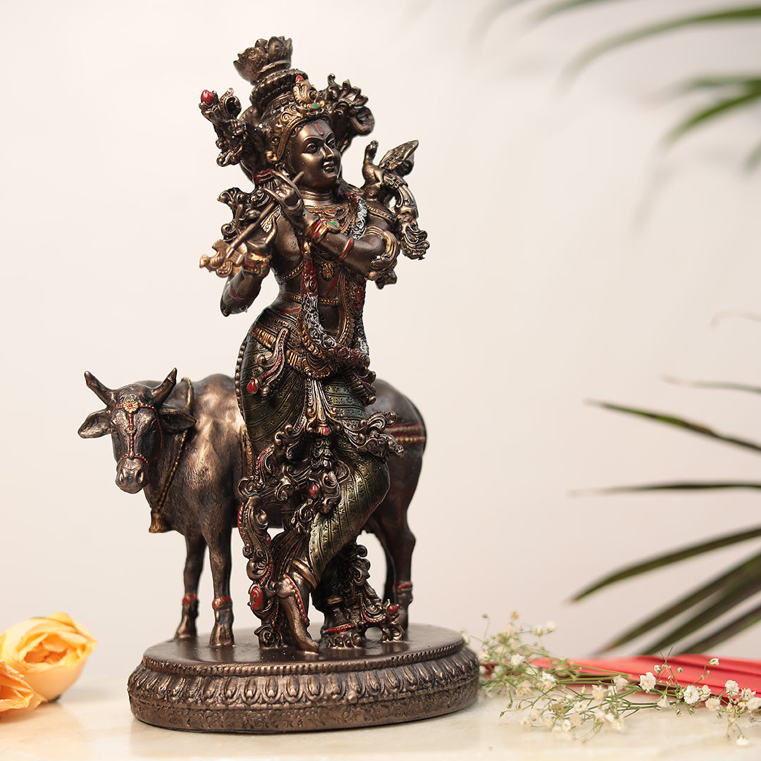 11" Krishna Statue with Cow | Resin (Marble Dust)