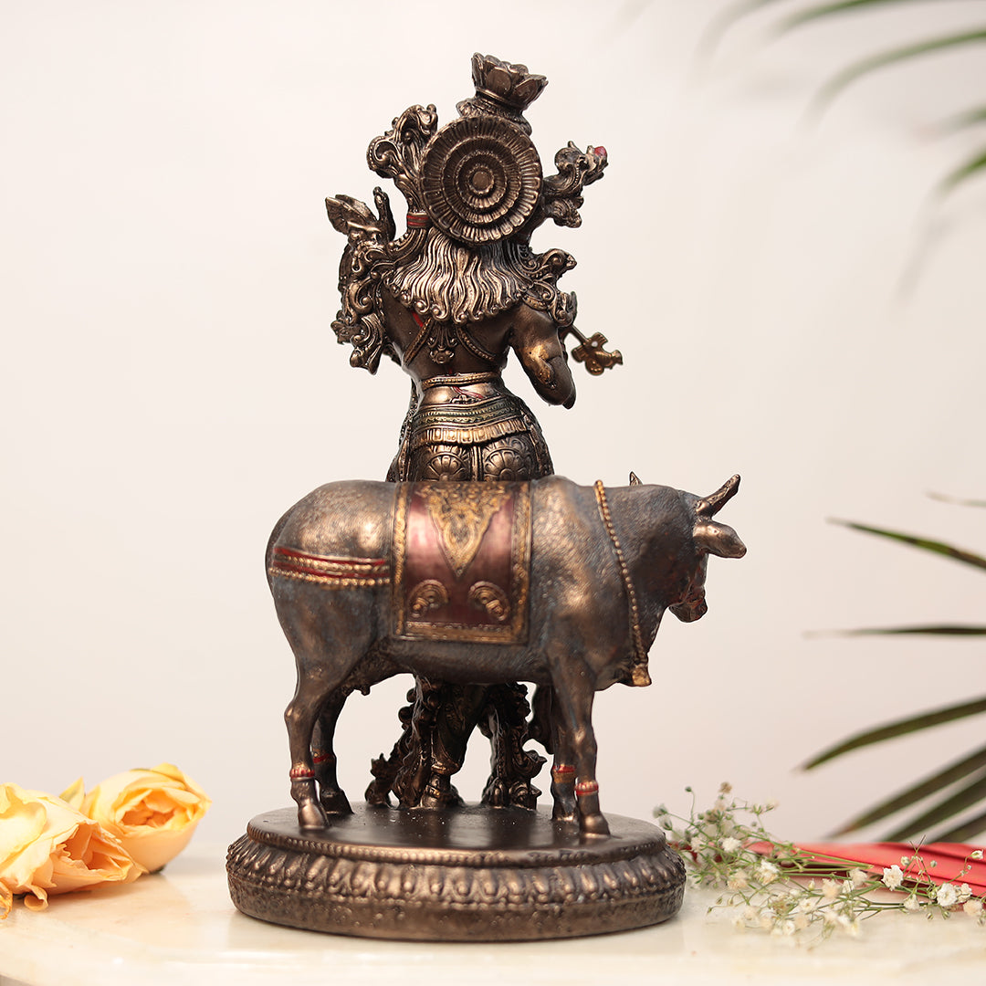 11" Krishna Statue with Cow | Resin (Marble Dust)