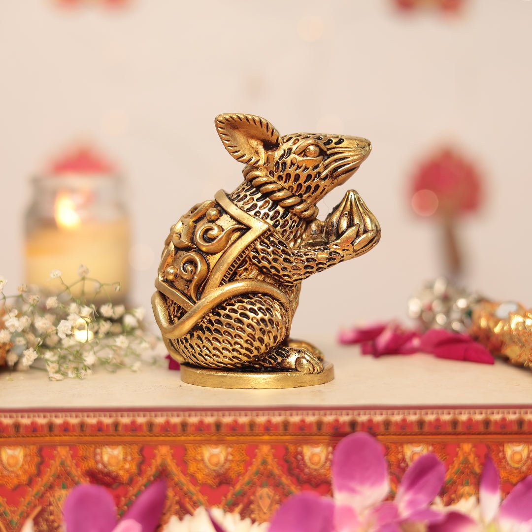 Exquisite Superfine Brass Rat Holding Modak In 4 Inches (10 Cm)