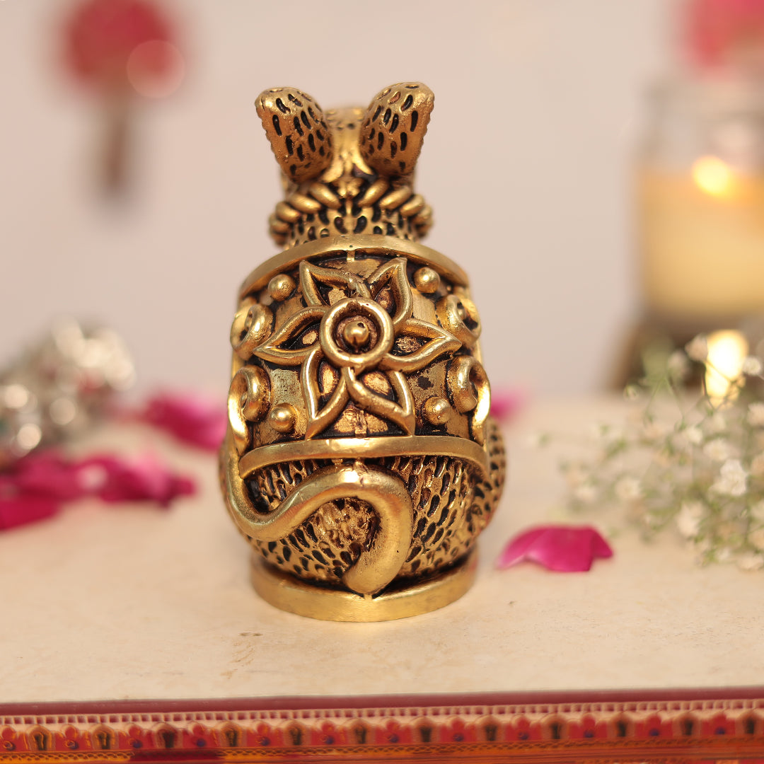 Exquisite Superfine Brass Rat Holding Modak In 4 Inches (10 Cm)