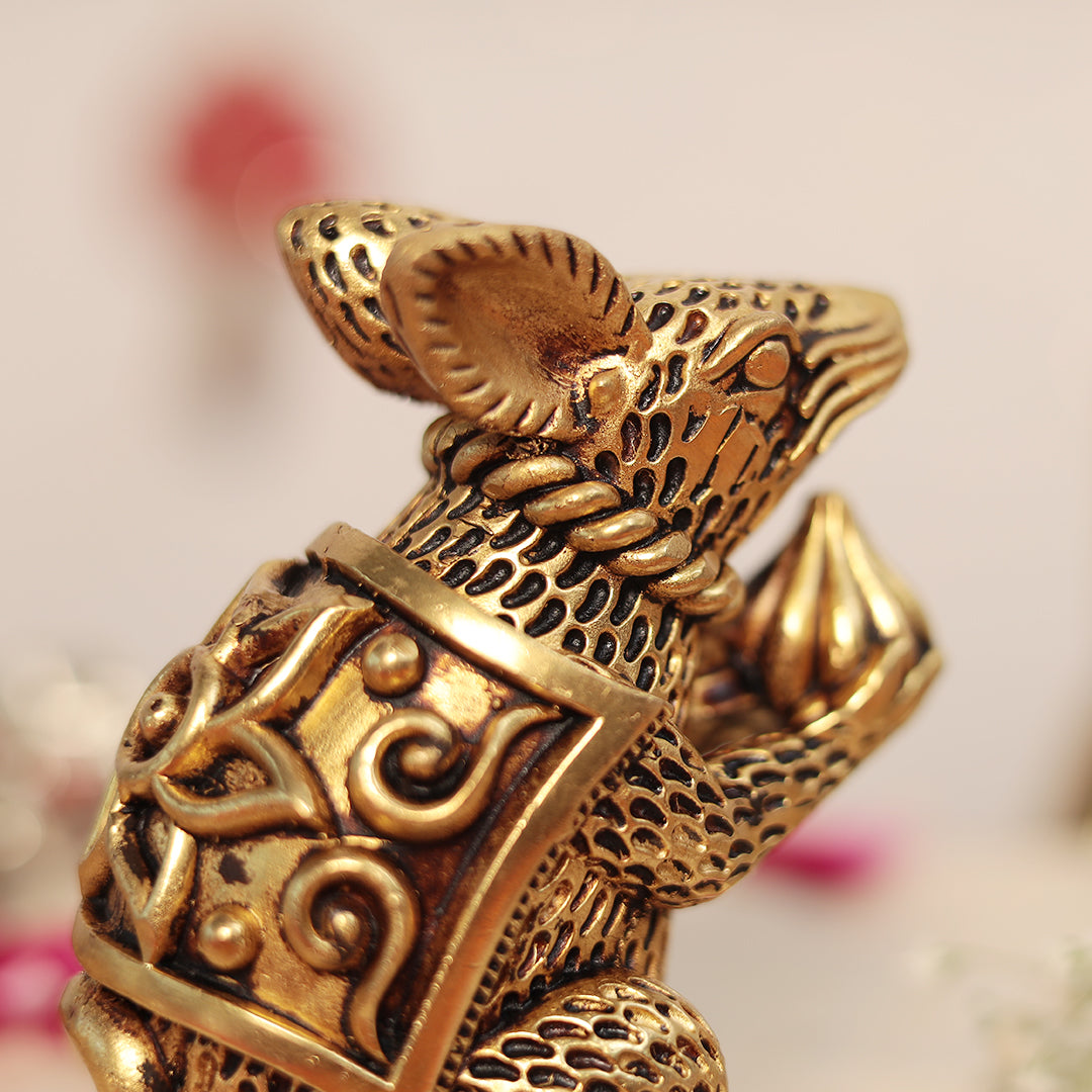 Exquisite Superfine Brass Rat Holding Modak In 4 Inches (10 Cm)