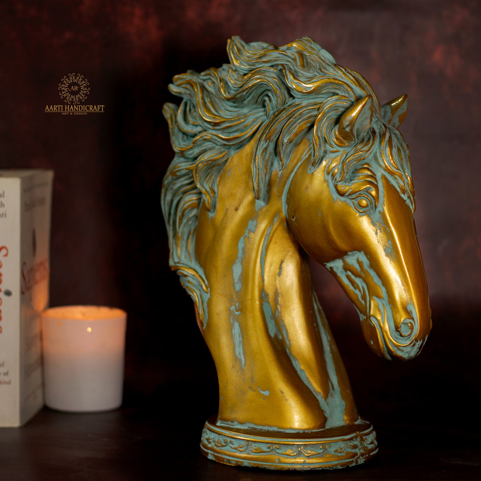 Polyresin Decorative Green and Golden Horse | Table Decor