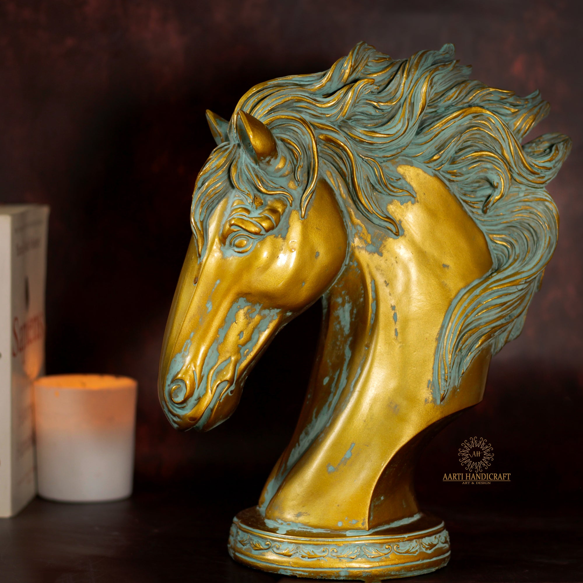 Polyresin Decorative Green and Golden Horse | Table Decor