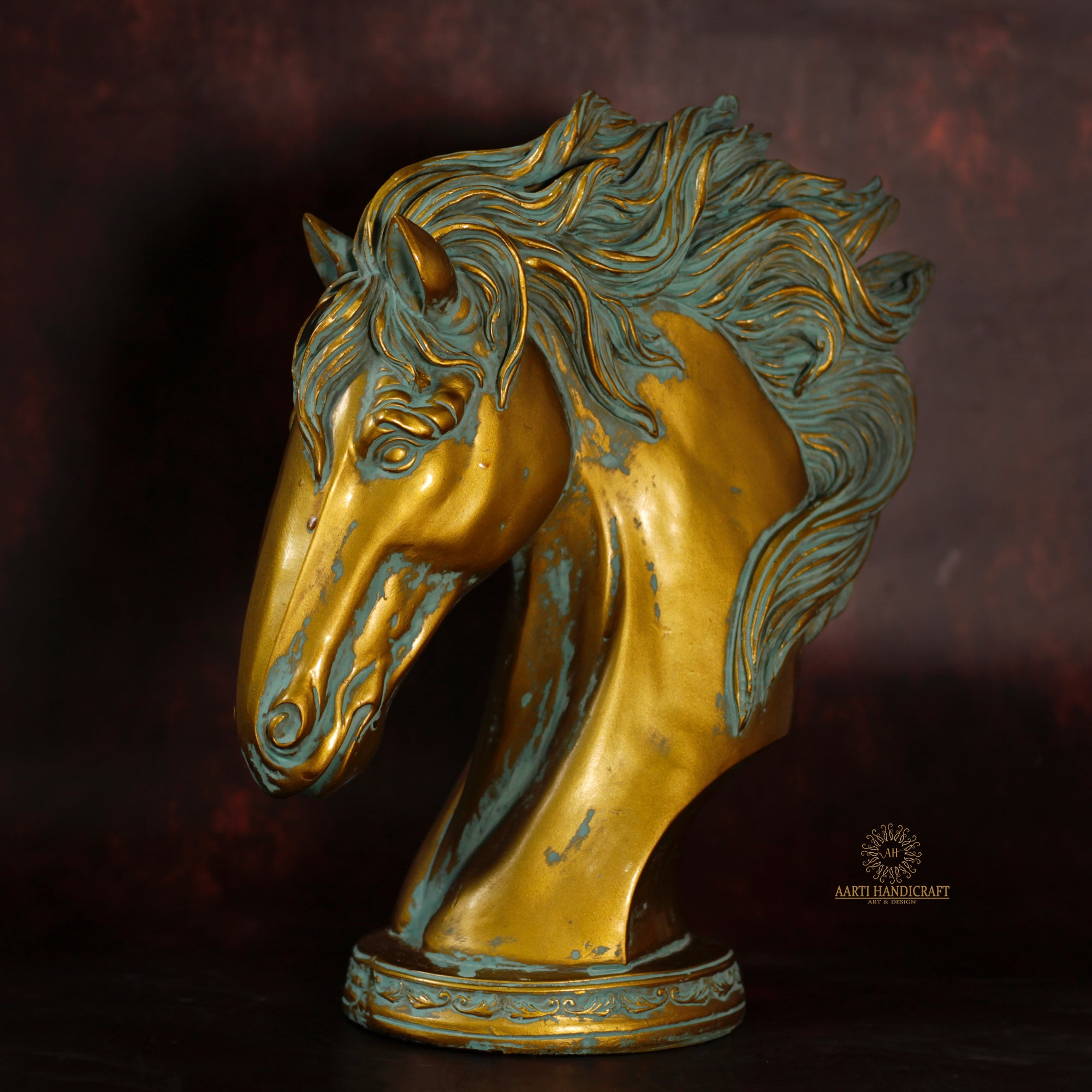 Polyresin Decorative Green and Golden Horse | Table Decor