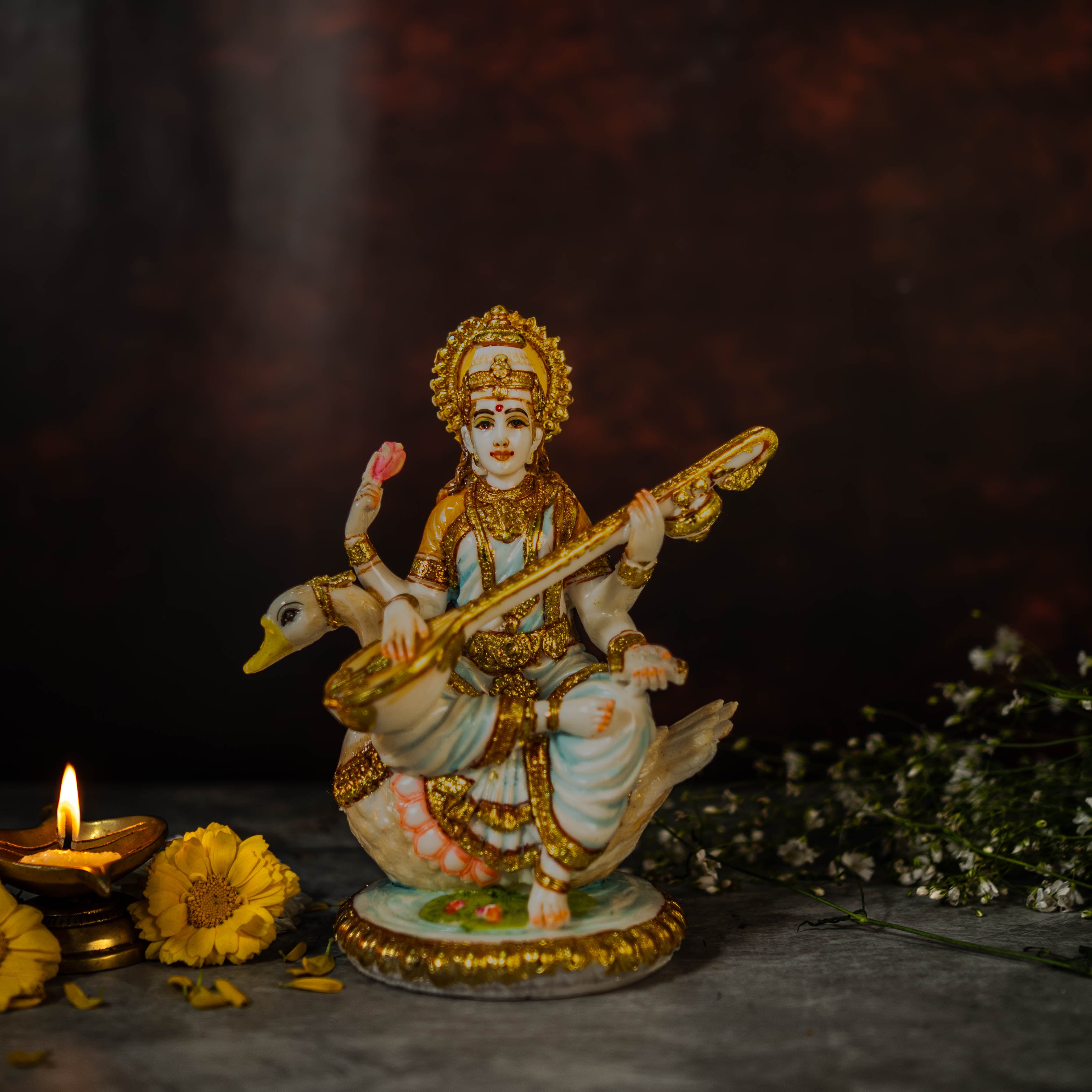 7" Maa Saraswati Idol In Marble Dust