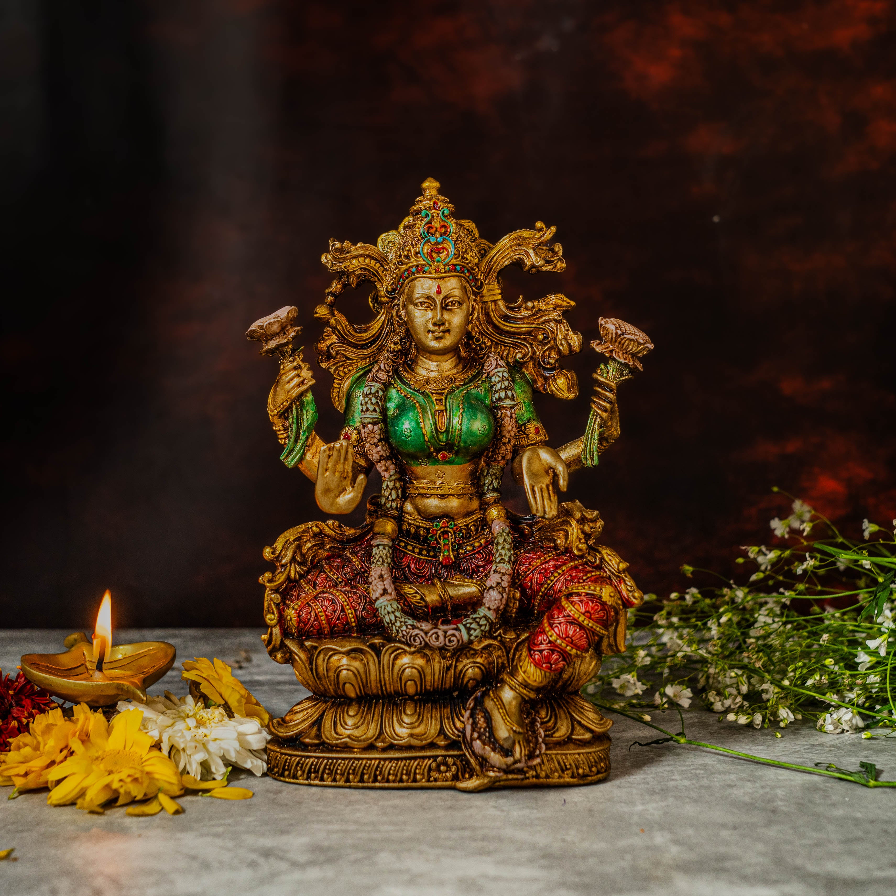 9" Lakshmi Statue in Marble Dust | Antique Finish