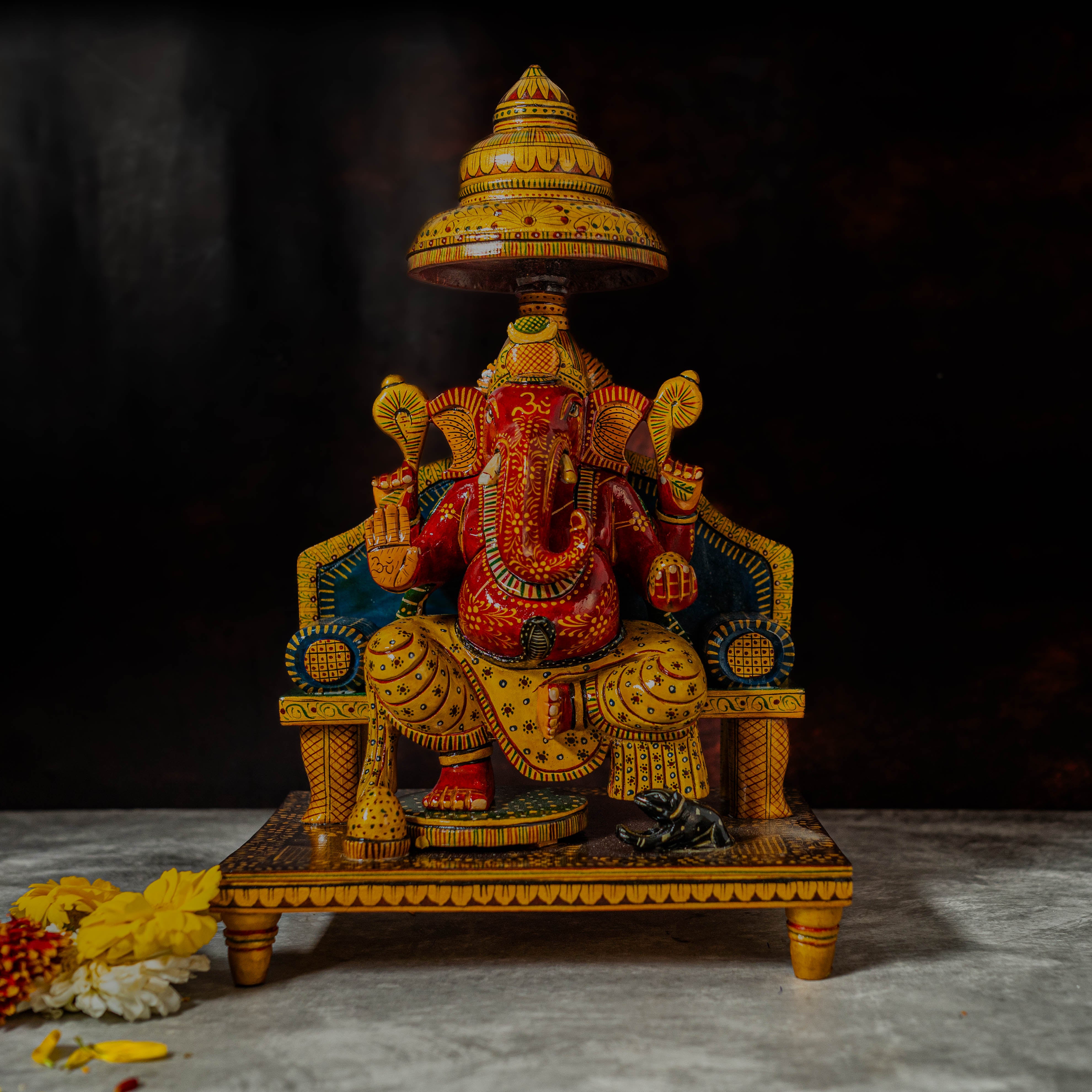 13" Beautifully Handpainted Chauki Ganesh | Wooden