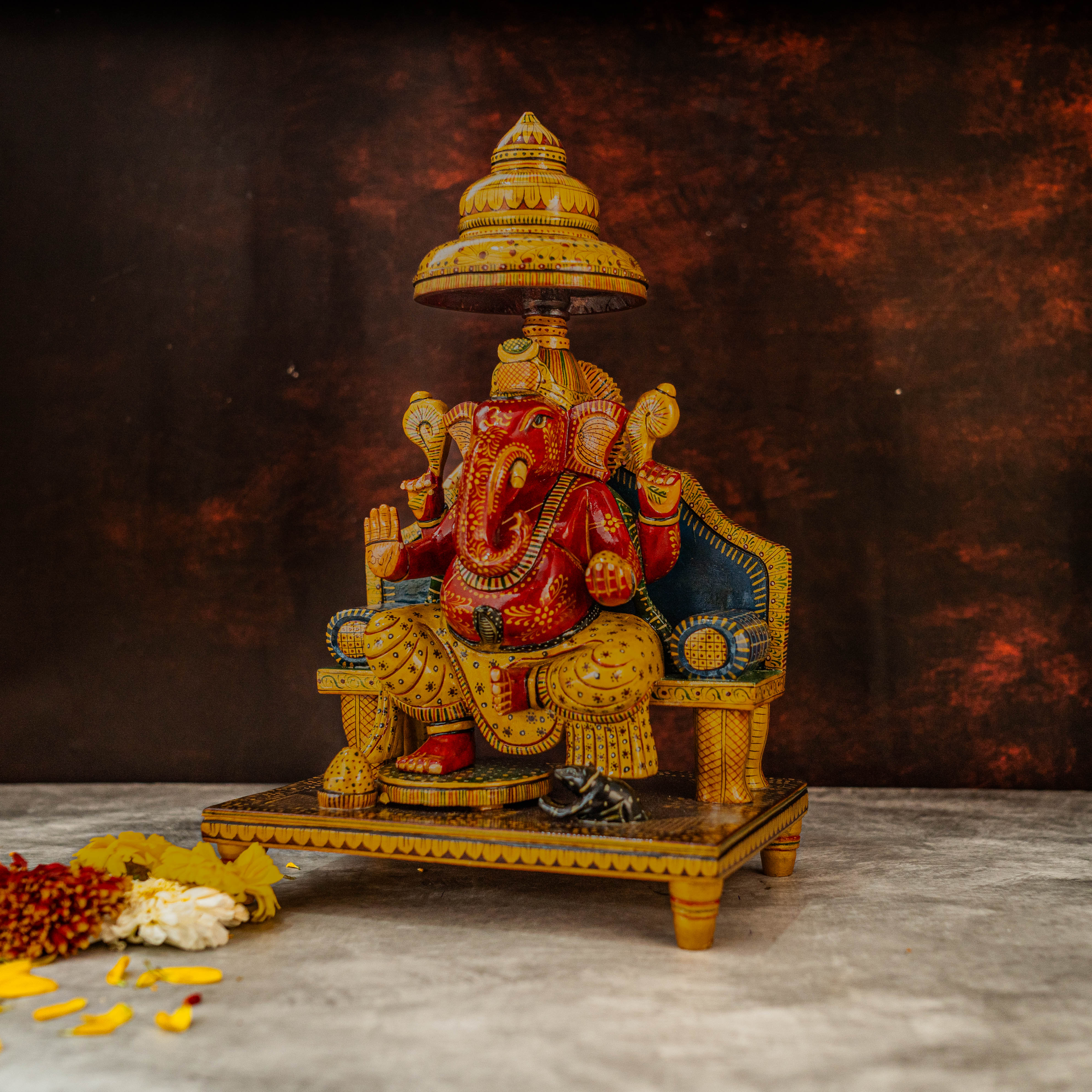 13" Beautifully Handpainted Chauki Ganesh | Wooden