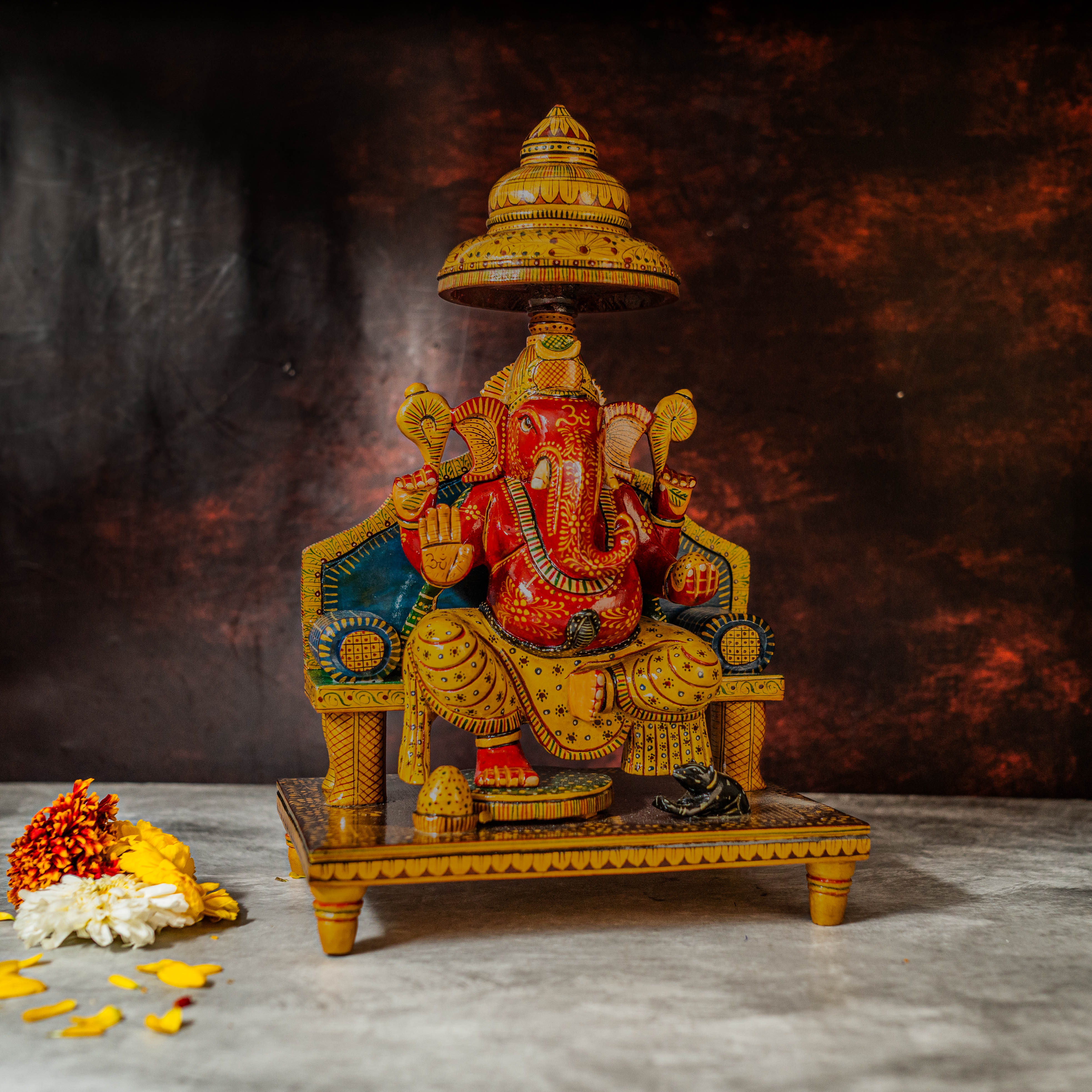 13" Beautifully Handpainted Chauki Ganesh | Wooden