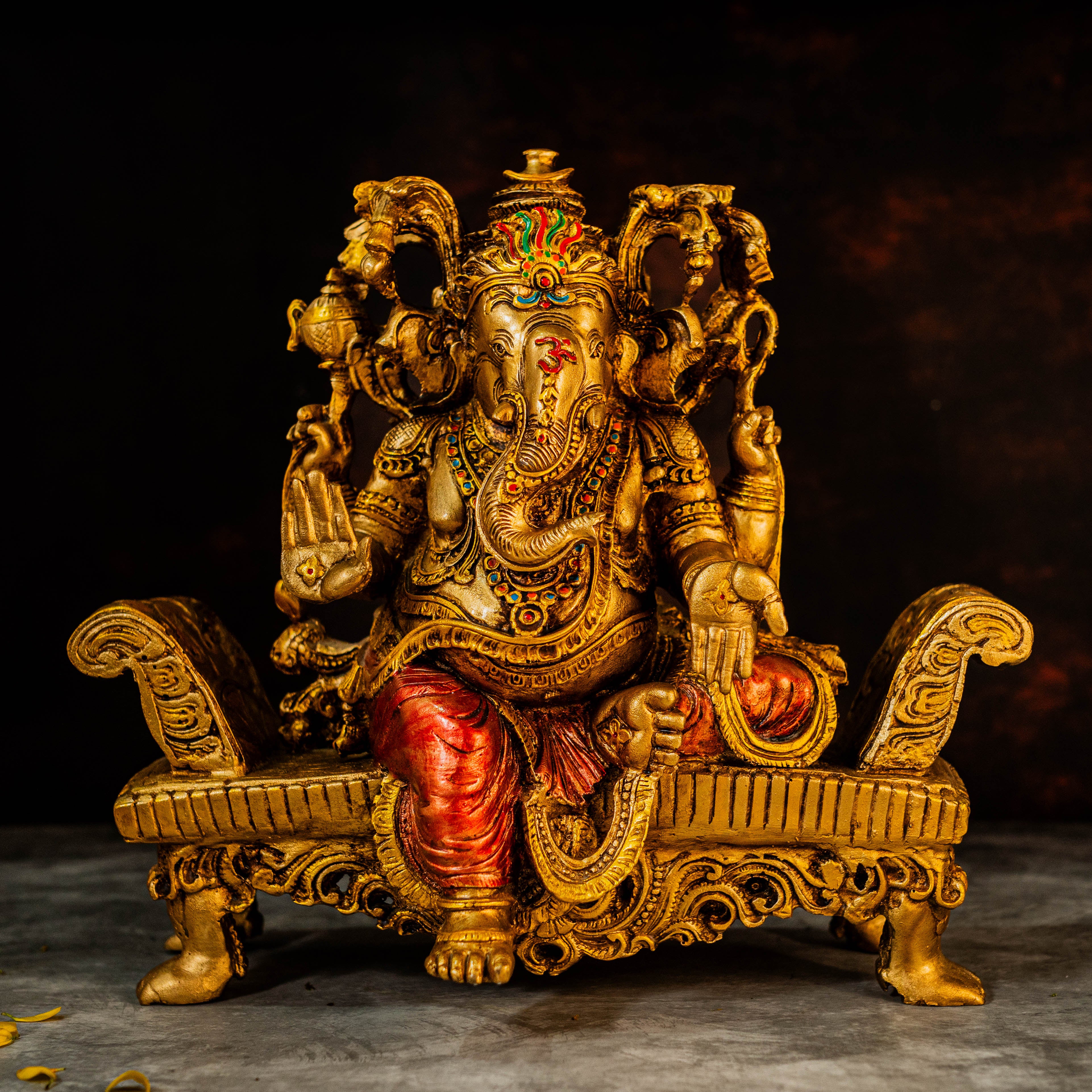 12" Lord Ganesha Figurine Sitting on Singhasan in Marble Dust