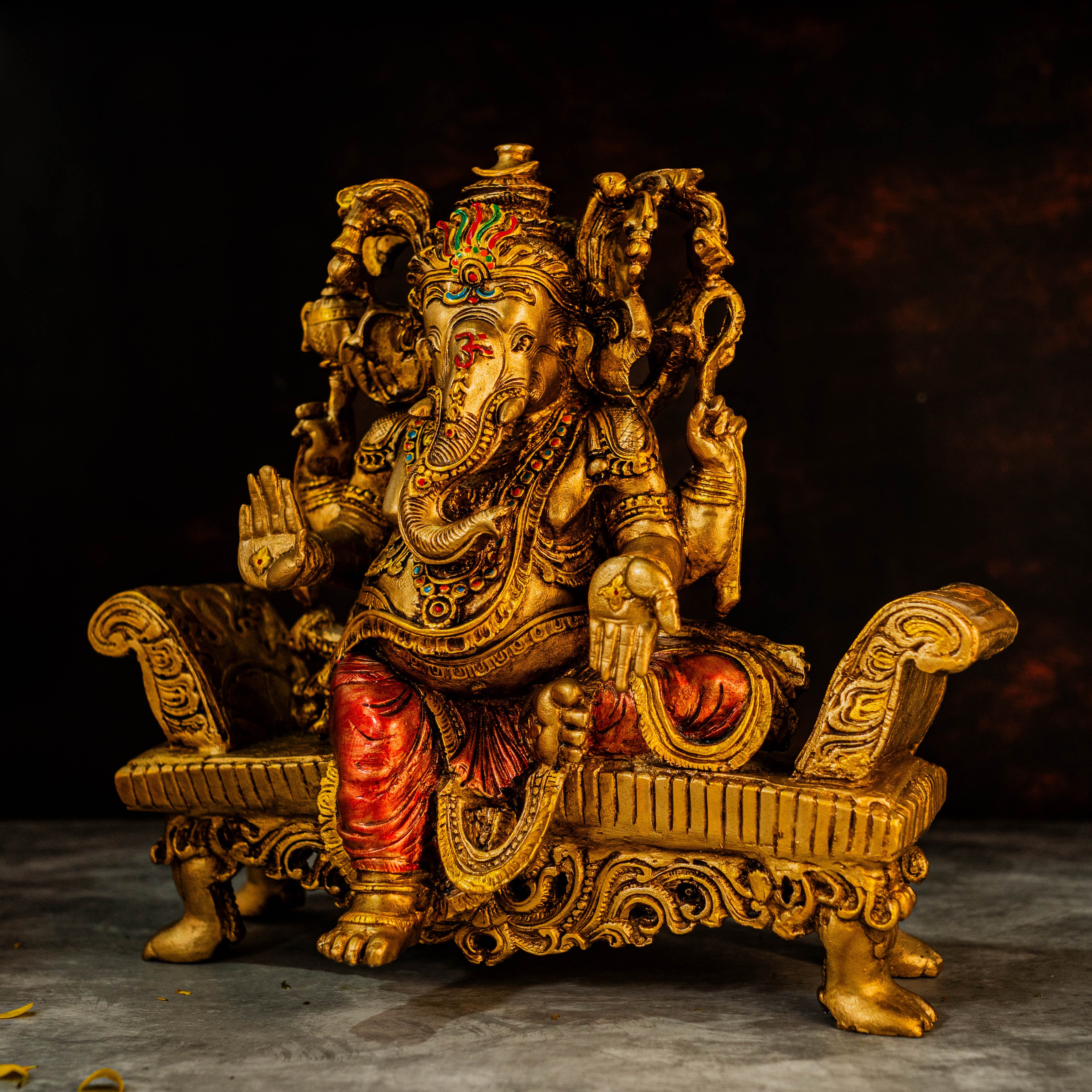 12" Lord Ganesha Figurine Sitting on Singhasan in Marble Dust