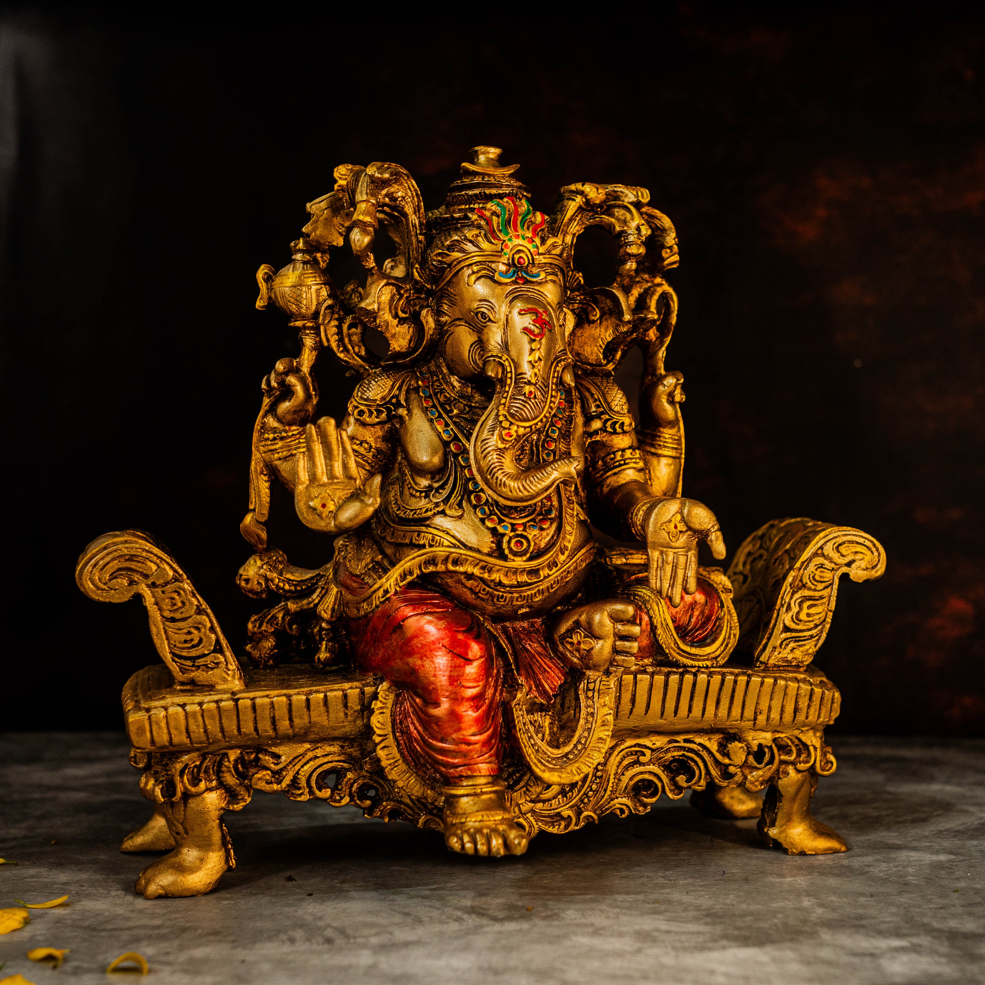 12" Lord Ganesha Figurine Sitting on Singhasan in Marble Dust